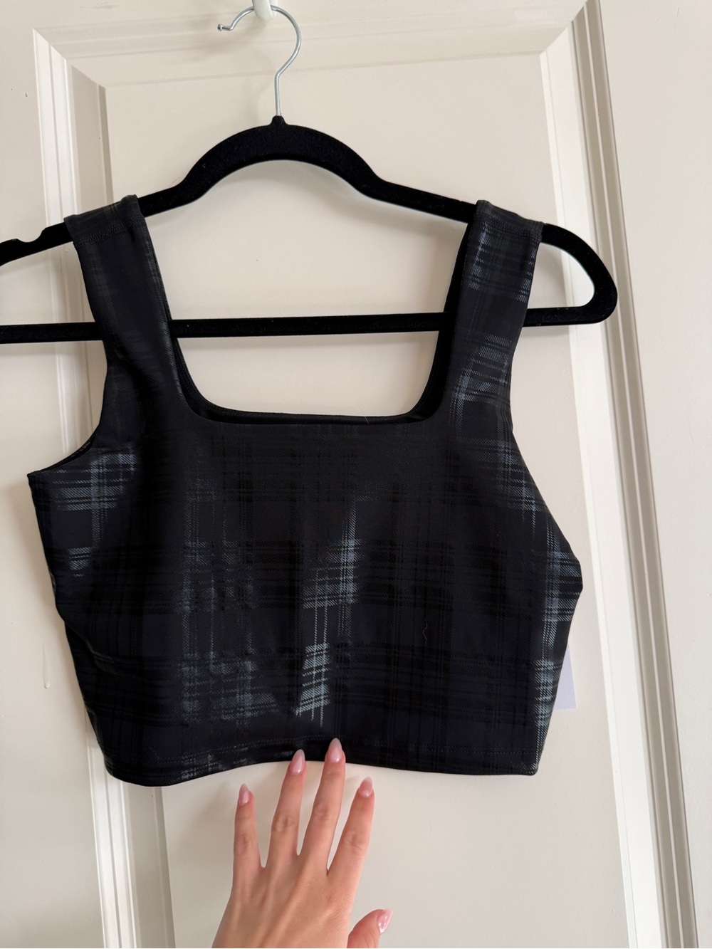 Beyond yoga black plaid foil top